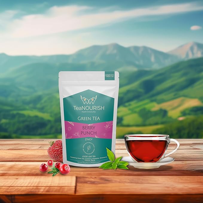 TeaNOURISH Berry Punch Green Tea | Zingy & Refreshing | Darjeeling Tea Loose | 100% Natural Fresh Berries & Hibiscus Flower | Brew Hot or Iced Tea - 3.53oz/100g (Pack of 2)