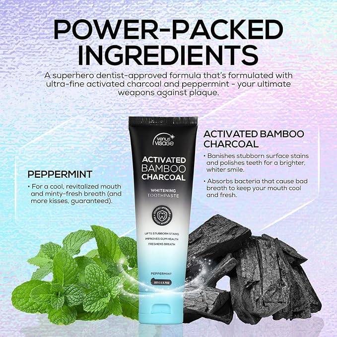 Venus Visage Activated Charcoal Toothpaste for Whitening - Effective Teeth Whitening Toothpaste for Surface Stains - Peppermint Flavor (3.7 oz/105 g)