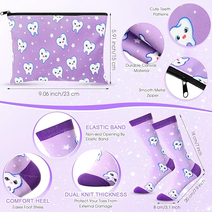Sliner 4 Pcs Dental Assistant Gifts Set 12 oz Purple Teeth Stainless Steel Tumbler Cosmetic Bag Tooth Shape Keychain Novelty Tooth Sock Dental Hygienist Gifts for Nurse Dentist Christmas Graduation