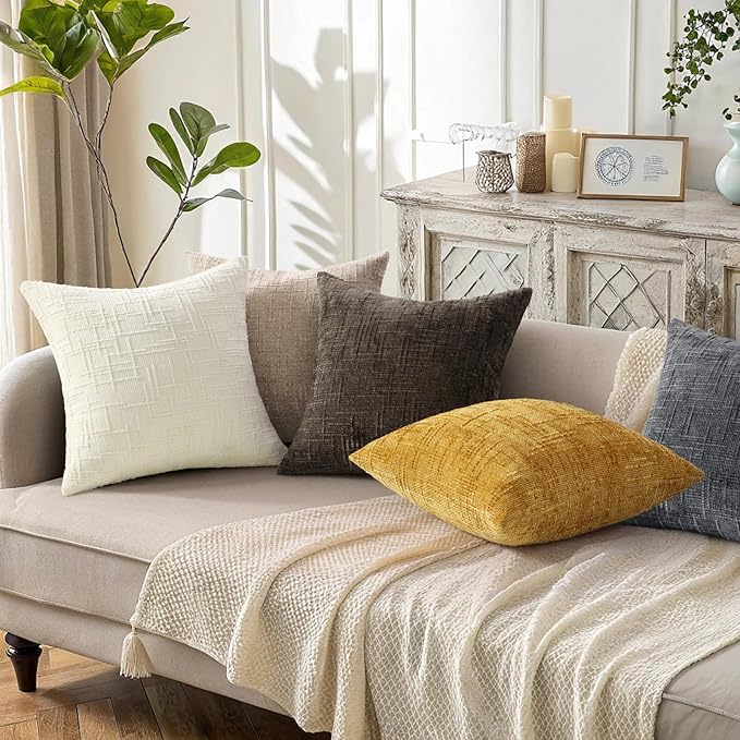decorUhome Dark Grey Chenille Throw Pillow Covers 22x22 Set of 2 Thick Textured Slubby Couch Pillow Covers Farmhouse Accent Modern Neutral Decorative Pillow Cases for Bed Sofa Living Room