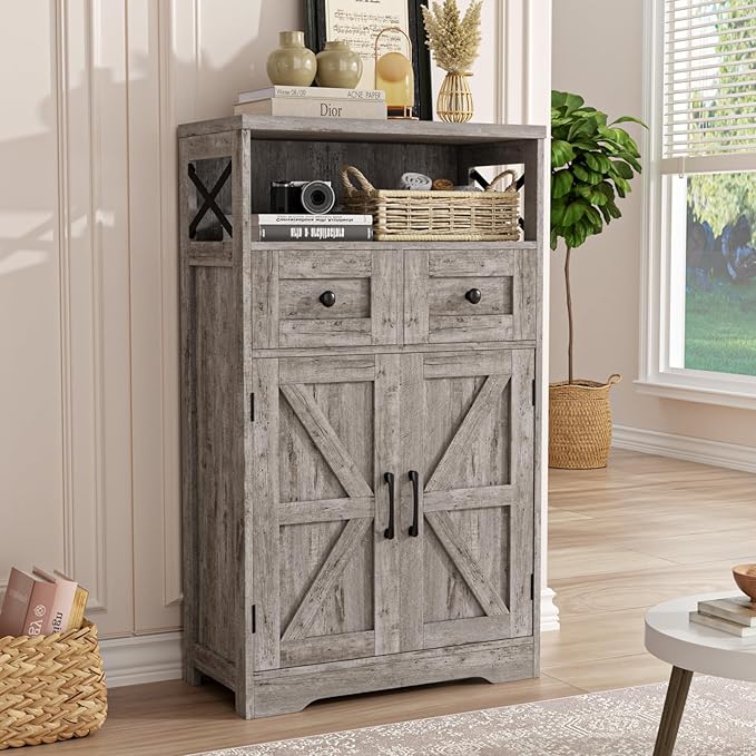 Small Farmhouse Storage Cabinet with Barn Doors, Farmhouse Kitchen Pantry Cabinet, Tall Coffee Bar with Storage, Hutch Cupboard for Kitchen, Laundry, Living Room, Washed Grey