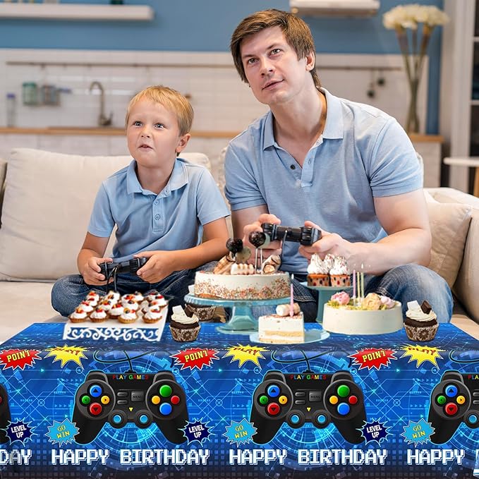 Gamer Birthady Party Decorations Tablecloth,3pcs Blue Video Game Table Cover Gaming Birthday Plastic Tablecloth for Boys Birthday Game Theme Party