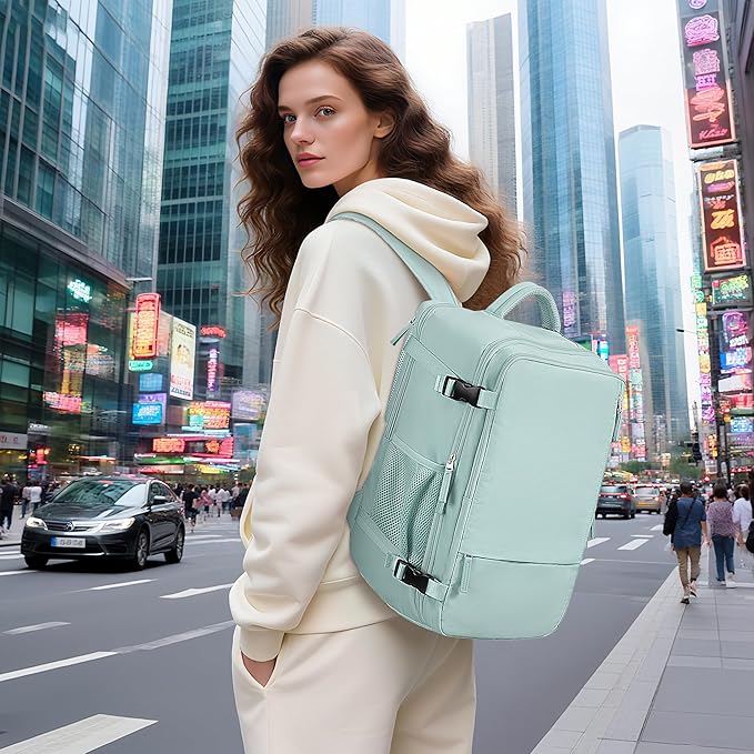 Hanples Large Travel Backpack for Women as Person Item Flight Approved, 35L Carry on Backpack, 17 Inch Laptop Backpack, Waterproof Backpack,Casual Bag with 2 Toiletry Bags (Mint Green)
