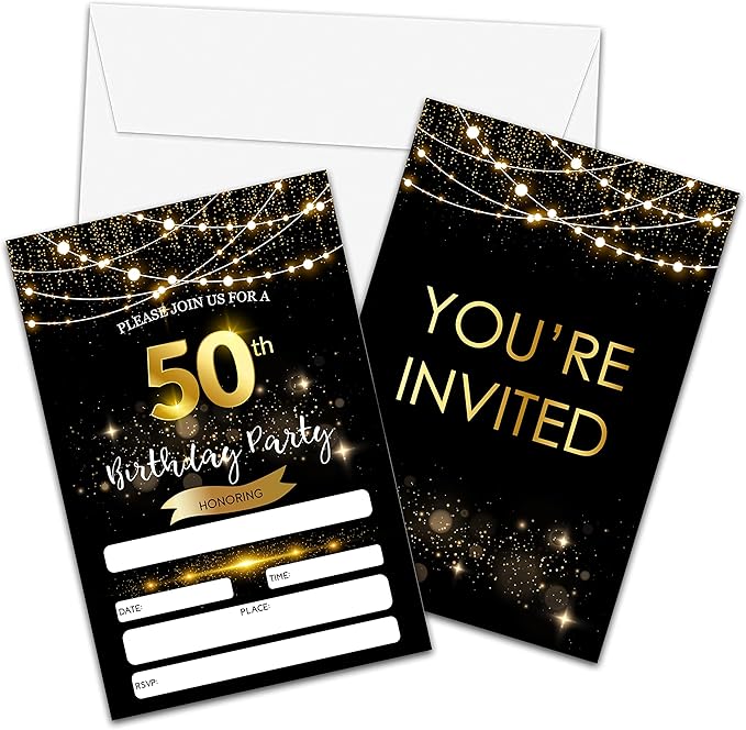 50th Birthday Invitations with Envelopes - Black Gold Glitter Fill-in Invites Cards - Surprise Birthday Party Invitation Card for Him/Her - Adults Birthday Party Favors Supplies Decorations (20 Pack)