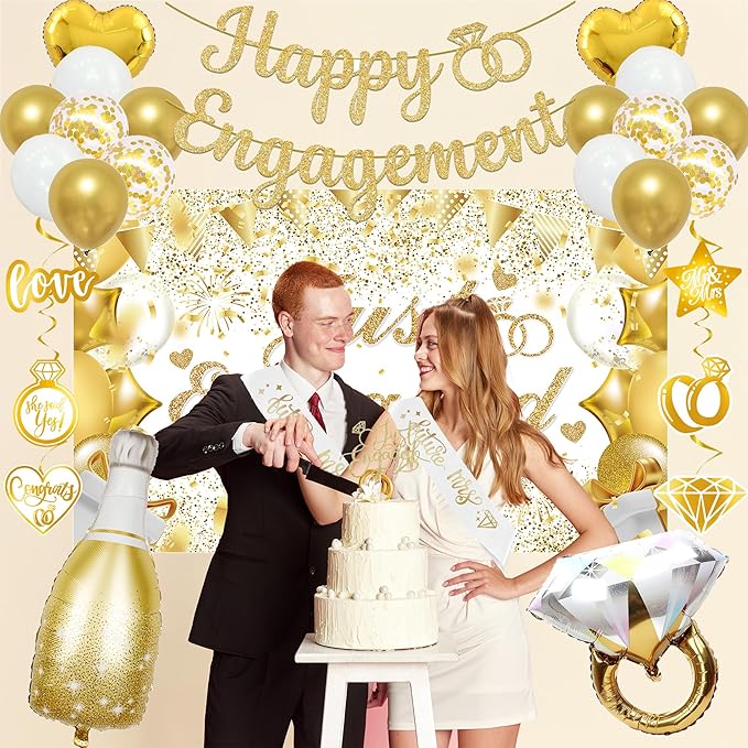 Vlipoeasn Gold Engagement Party Decorations for Couple, Just Engaged Backdrop Banner, Cake Topper, Honeycomb, Hanging Swirls