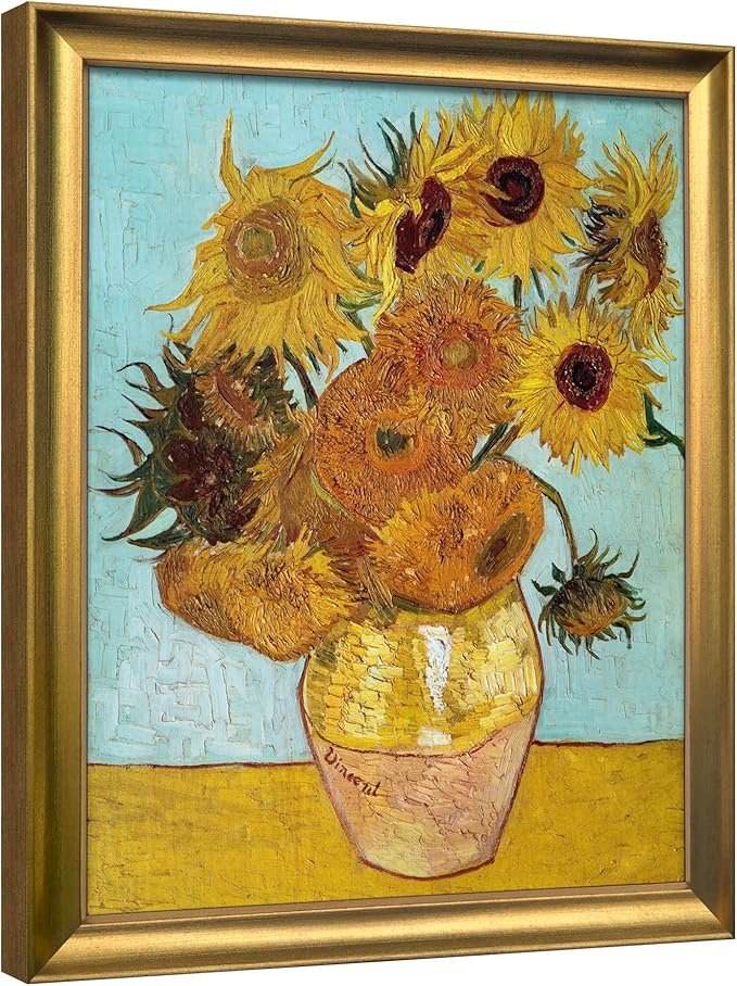 Wieco Art Framed Wall Art Canvas Prints of Sunflower by Vincent Van Gogh Paintings Reproduction Abstract Wall Decorations for Living Room Bronze Gold Frame