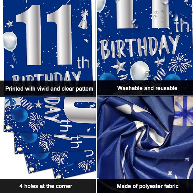 11th Birthday Decorations for Boys Girls, Blue Silver Happy 11th Birthday Decorations Set with 11th Birthday Backdrop Banner Tablecloth Balloons Triangle Flag, 11 Year Old Boy Party Decor Supplies