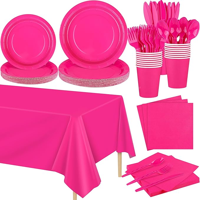 Kochorie 169 Pieces Hot Pink Party Supplies Disposable Dinnerware Set Include Plates and Cups Napkins Plastic Forks Knives Spoons Tablecloth for Wedding Birthday Party Decorations, Serve 24 Guests