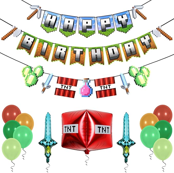Pirese Pixel Birthday Decorations – Pixel Happy Birthday Banner with Balloons, Pre-Strung Retro Video Game Birthday Party Supplies Kit