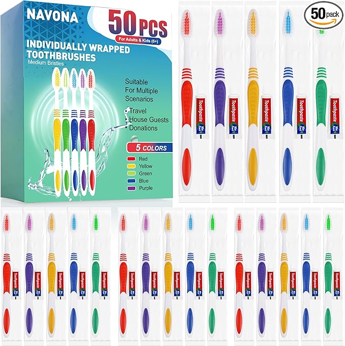 Navona 50 PCS Disposable Toothbrush with Toothpaste Bulk, Travel Toothpaste, Bulk Toothpastes, Individually Wrapped Bulk Toothbrush, Ergonomics Handle,Medium Soft Bristle, Perfect for Travel, Hotel