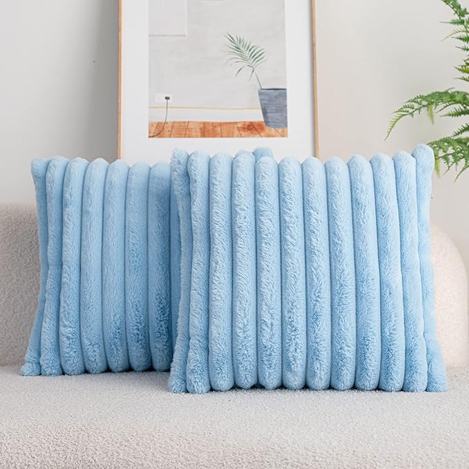 DEELAND Pack of 2,Double-Sided Faux Fur Plush Decorative Throw Pillow Covers Fuzzy Striped Soft Pillowcase Cushion Covers for Sofa Couch Bedroom Lightblue 22x22 inch