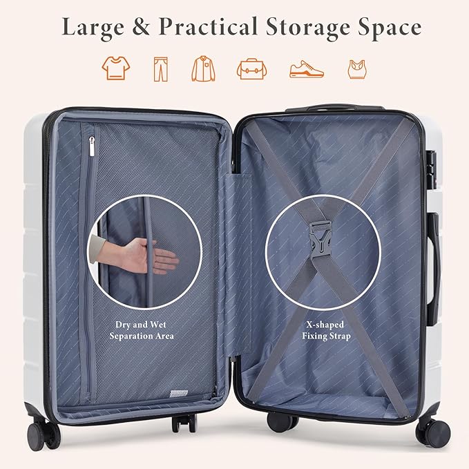 Sweetcrispy Carry on Suitcase, Luggage with Spinner Wheels, Hard Shell ABS, TSA Lock, 24 Inch White