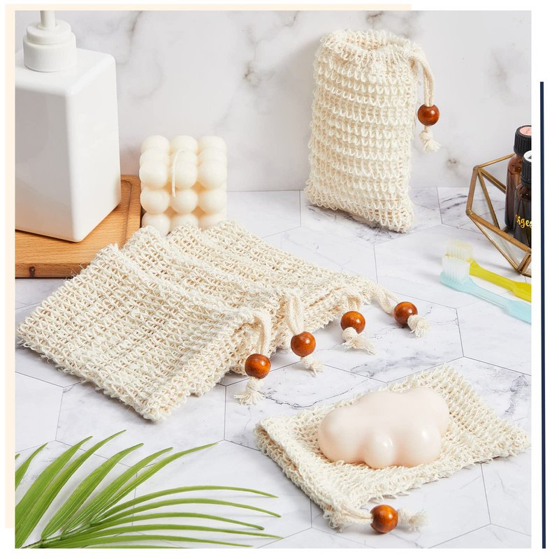 Cunhill 40 Pack Soap Saver Bag Exfoliating Soap Pouch with Drawstring Bar Wooden Bead Foaming and Drying Exfoliating Net for Bath and Shower (3.5x5.5 Inch)
