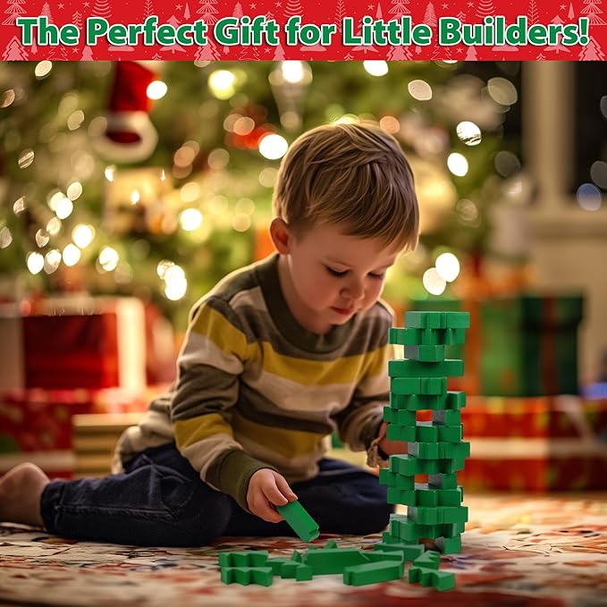 Funwares Christmas Tree Stack-Up, Wooden Blocks Stacking Game, Tumbling Tower, Family & Party Fun, Kids and Adults, Holiday Decoration, Ages 6+