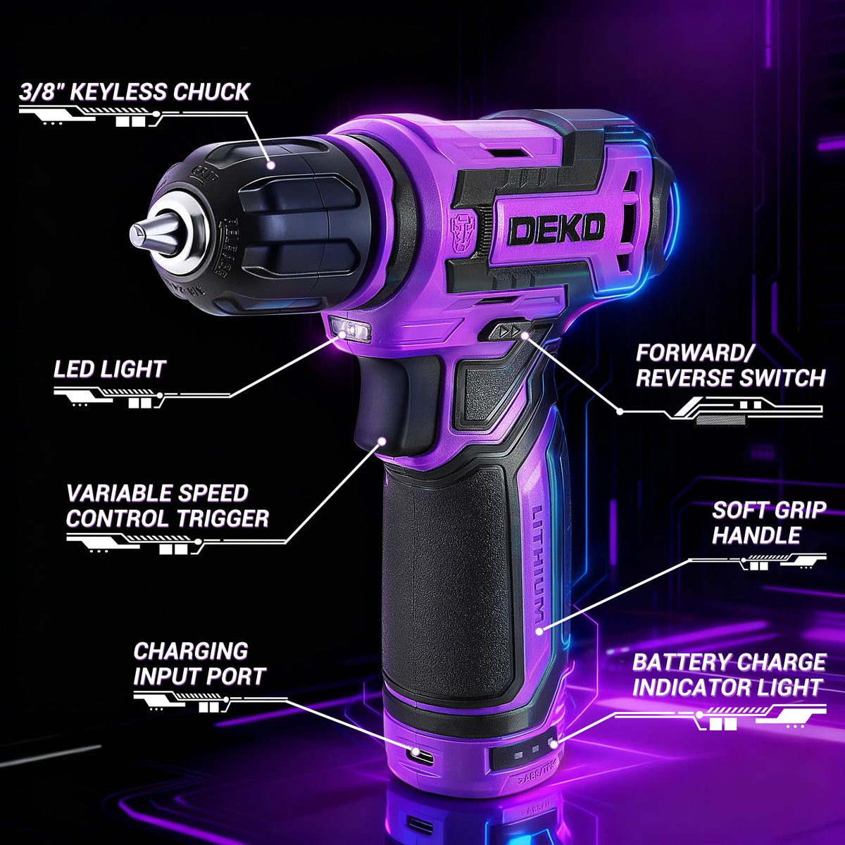 Cordless Drill：DEKOPRO 12V Power Drill Set 800RPM Electric Drills Small Drills with 3/8-inch Keyless Chuck and Portable Tool Set Gift Box (Purple)