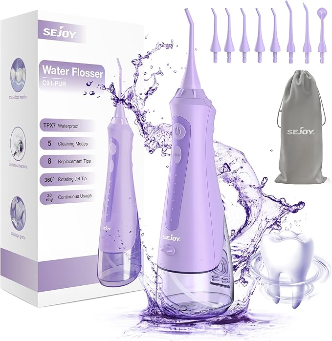 Sejoy Water Flossers for Teeth Cleaning, Water Flosser for Teeth Rechargeable Cordless, Electric Portable, 5 Cleaning Modes 8 Jet Tips, IPX7 Waterproof, 230ml, for Travel and Home
