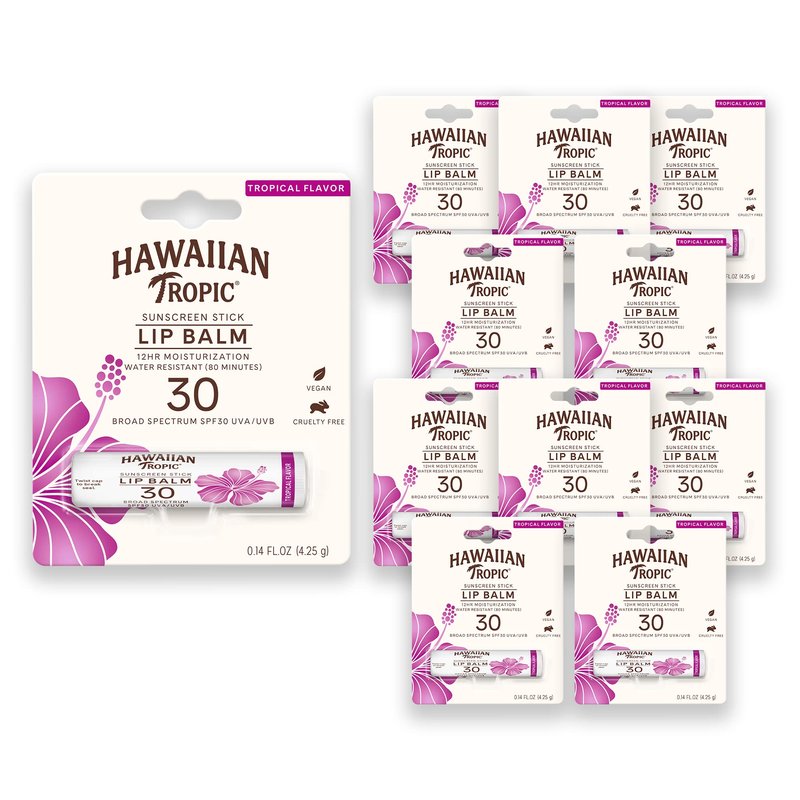 Hawaiian Tropic Tropical Lip Balm SPF 30 | SPF Lip Balm, Beach Essentials, Travel Sunscreen for Lips, Beach Necessities, Summer Essentials, Sunblock for Lips, Sun Protection, 0.14oz (Pack of 10)