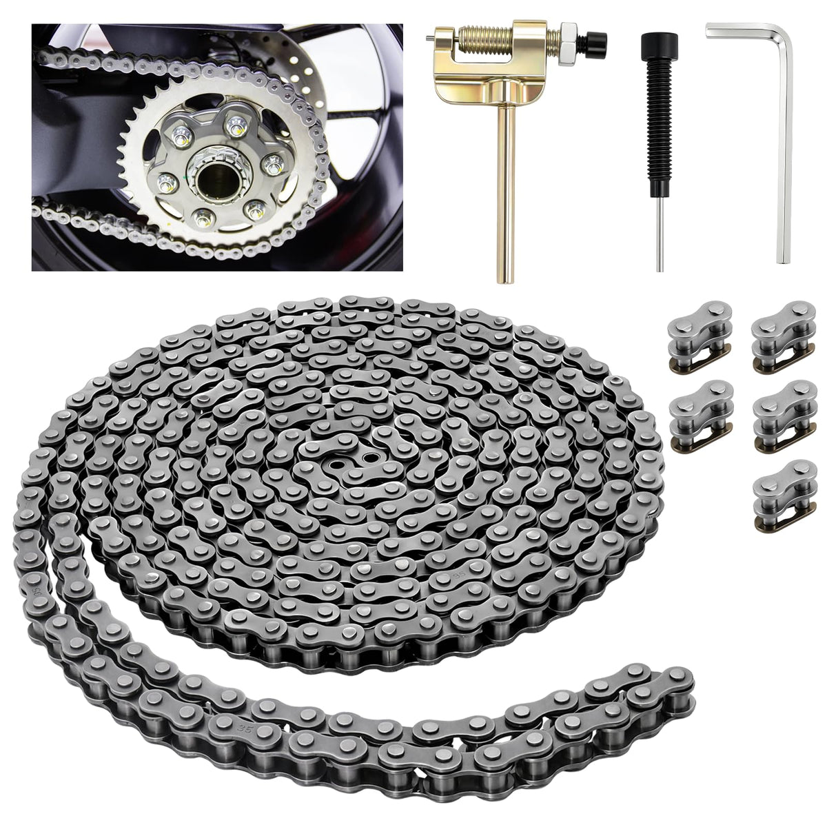 Podoy #35 Roller Chain 10Ft (320 Links) Kit With Chain Breaker & 5 Master Links, 3/8 Pitch Carbon Steel Replacement Chain For Go