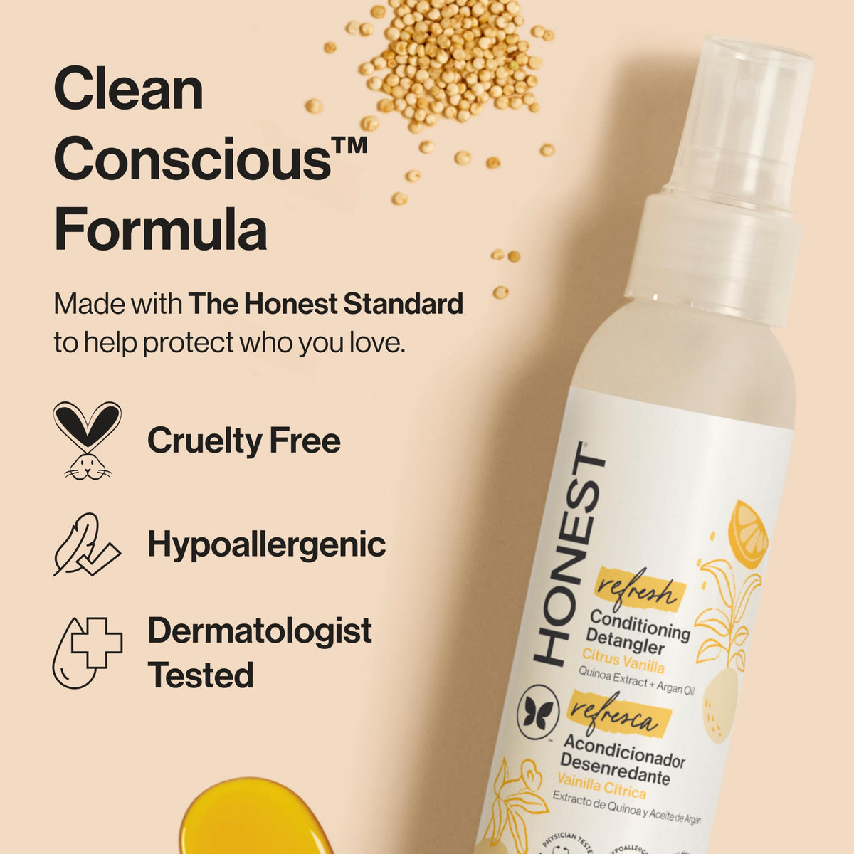 The Honest Company Conditioning Hair Detangler, Tear-Free, Hypoallergenic, Leave-In Conditioner and Fortifying Spray, Citrus Vanilla Refresh, 4 fl oz