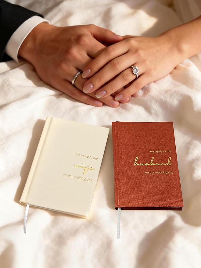 Wedding Vow Books His and Hers-Canvas Linen Foil Embossed, Set of 2 Vow Books Husband and Wife-Wedding Essentials（Terracotta + Milk White）