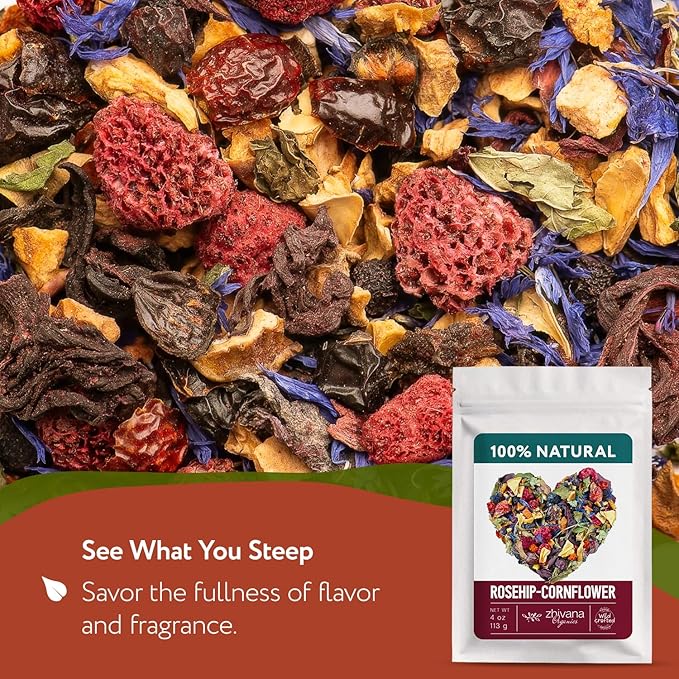 Cornflower Rosehip Herbal Tea – Loose Leaf Caffeine-Free Blend with Hibiscus, Lemon Balm & Elderflower – No Flavorings, No Colorants, No Sweeteners – Pure & Natural – 4oz