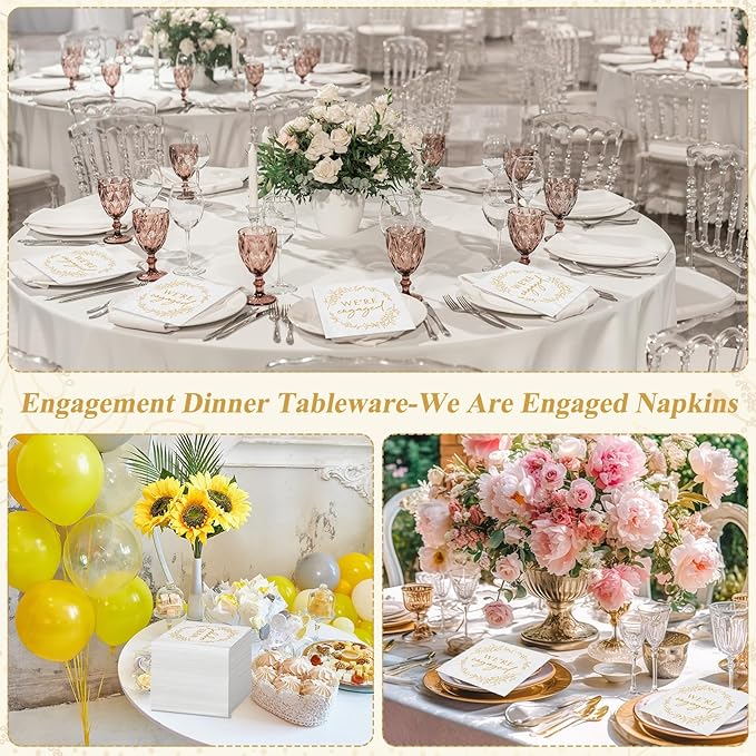 Kosiz 100 Pack We're Engaged Napkins Gift 3 Ply Disposable Paper Engagement Cocktail Napkins for Wedding Party Beverage Dinners Cake Tableware Decorations, 4.5 x 4.5 Inch
