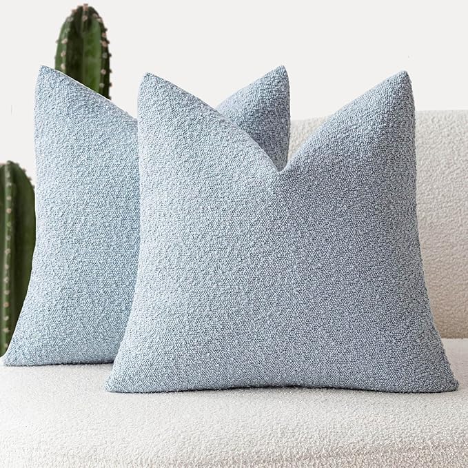 Foindtower Set of 2, Decorative Textured Boucle Throw Pillow Covers Accent Solid Pillow Cases Neutral Soft Cozy Couch Cushion Case for Chair Sofa Bedroom Living Room Home Decor 24 x 24 Inch Light Blue