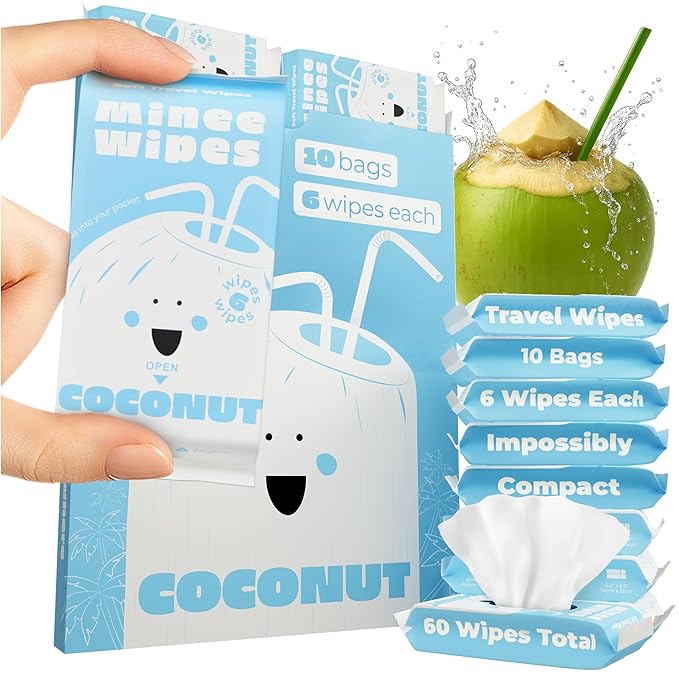 Impossibly Compact Travel Wipes - 99.5% Water - Safe for Sensitive Skin & Hypoallergenic, Resealable, Thick & Durable - For Adults, Kids & Baby Care - Coconut, 10 Pack Total 60 Wipes