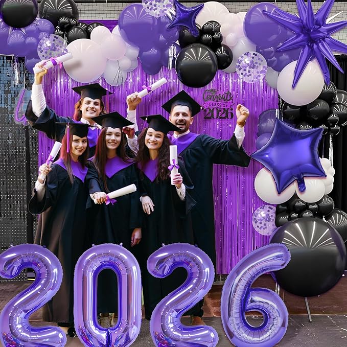 Graduation Balloon Arch Kit 2026 Graduation Decorations, Different Sizes 5 12 18 Inch Purple Black White Grad Balloons Arch with Class of 2026 Cake Toppers, Fringe Curtain, Star & 2026 Balloons