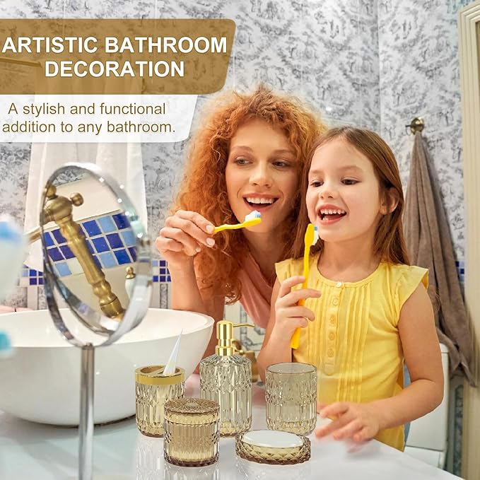 Brown Bathroom Accessory Set 5PCS - Amber Glass Bathroom Accessories with Toothbrush Holder Set, Soap Dispenser, Soap Dish, Tumbler, Cotton Swab Jars, Vintage Bathroom Decor Set Housewarming Gift