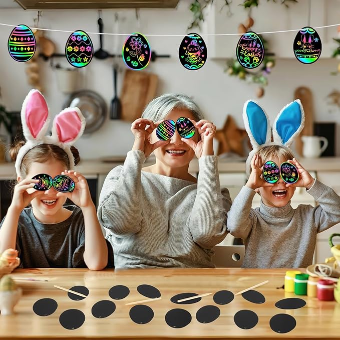 JULMELON 36 PCS Easter Egg Scratch Art for Kids, Rainbow Magic Scratch Paper Easter Crafts for Kids Gifts School Classroom Activities Project Party Favors Basket Fillers