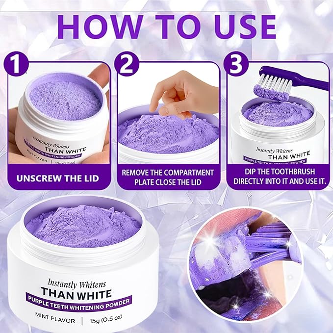 White Purple Teeth Whitening Powder - Instantly Whitens Than White, Purple Brightening Powder for Protect Gums and Freshen Breath (2)