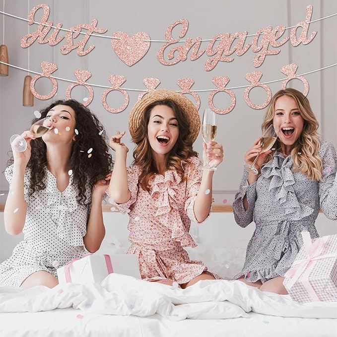 Just Engaged Banner, No DIY, Glitter Rose Gold Engagement Party Decorations and Diamond Ring Banner Sign for Bridal Shower Wedding Shower Bachelorette Party Decorations.