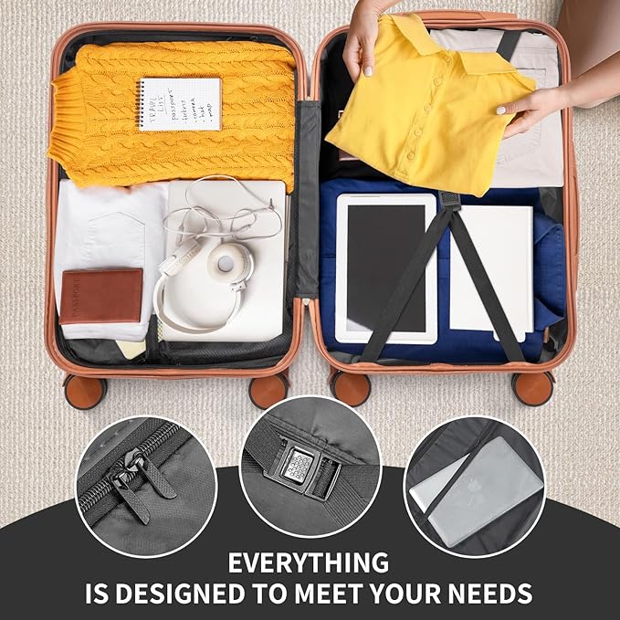Karl home 24in Checked Luggage with TSA Lock, ABS Hardshell Check-in Suitcase with Spinner Wheels, Durable Medium Suitcase Rolling Luggage for Business Travel, Black & Brown
