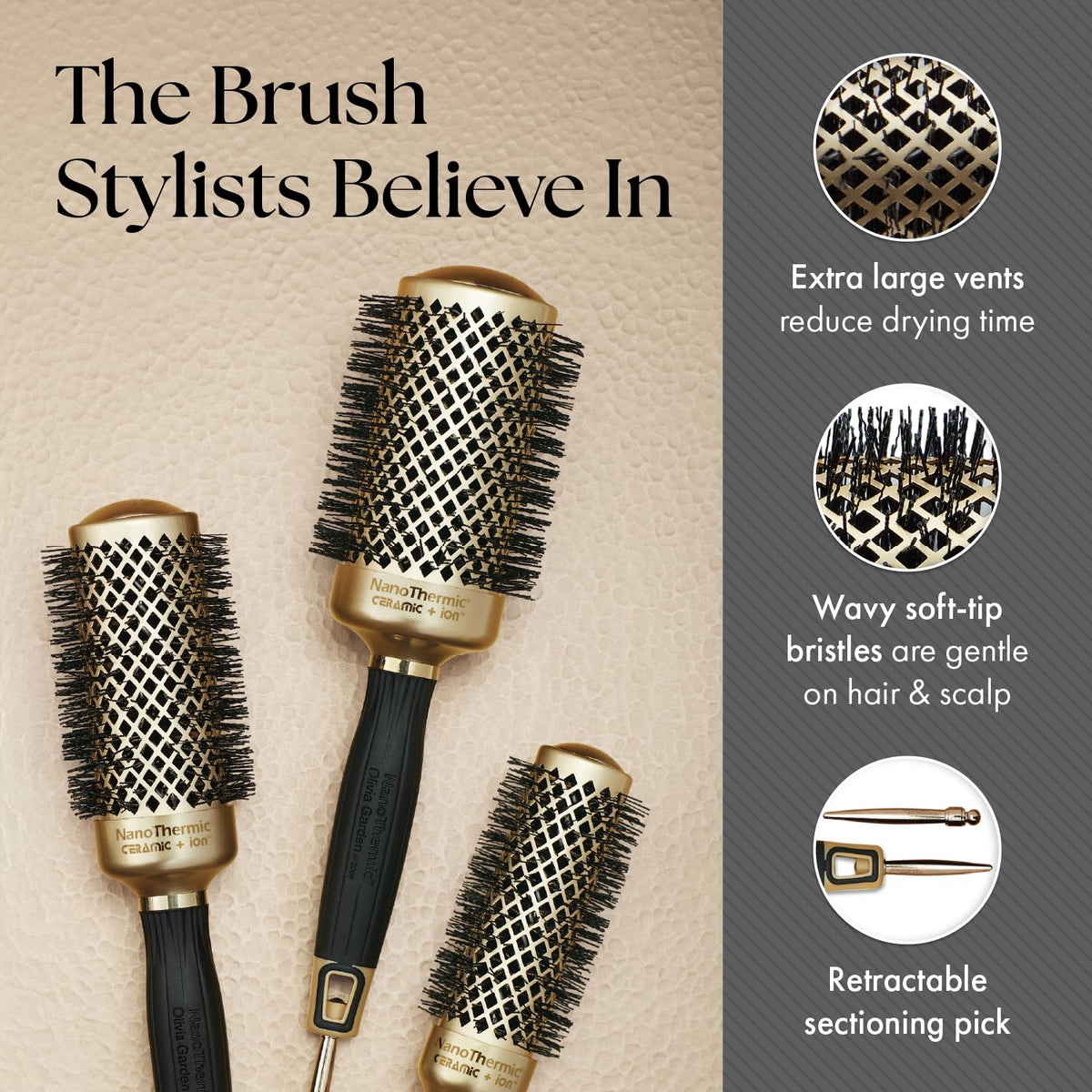 Olivia Garden NanoThermic Ceramic + Ion Round Thermal Hair Brush - Not Electrical - Professional Blowout Brush for Normal to Thick Hair, NT-54G 2 1/8"