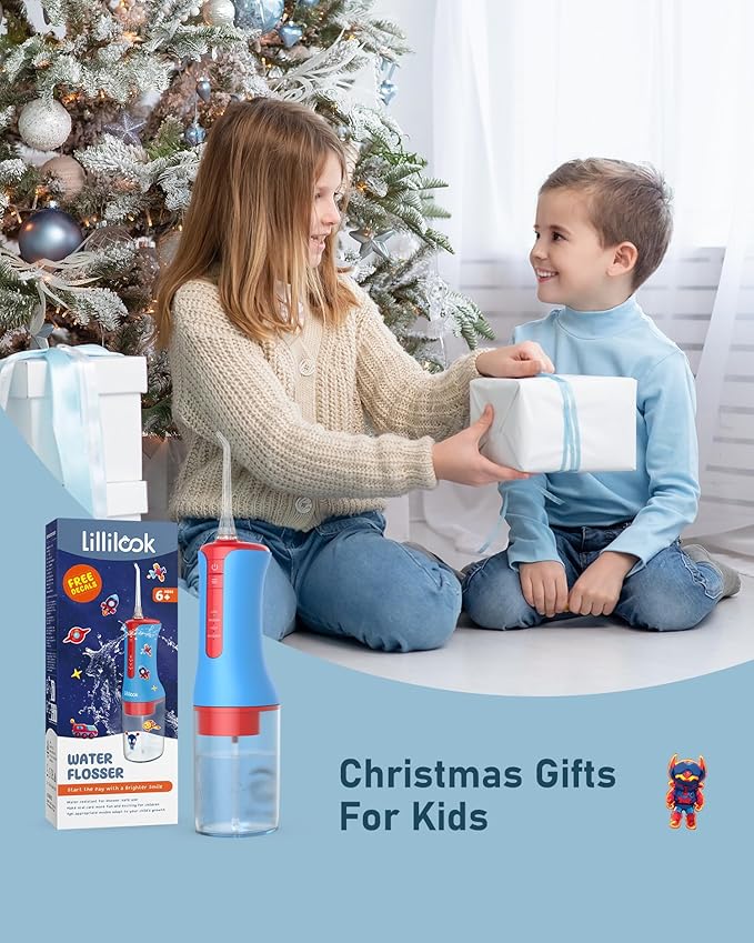 Kids Water Flosser Blue, Rechargeable Oral Irrigator for Kids Aged 6+, 4 Modes, 3 Jet Tips, Fun Stickers, Safe and Gentle Oral Care