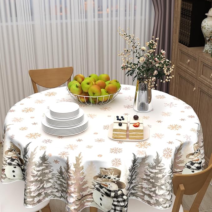Gold Christmas Tablecloth Round 60 Inch Winter Snowman Snowflake Table Cloth Farmhouse Merry Christmas Table Cover for Kitchen Dinner Room Holiday Party Indoor Outdoor Home Winter Decor