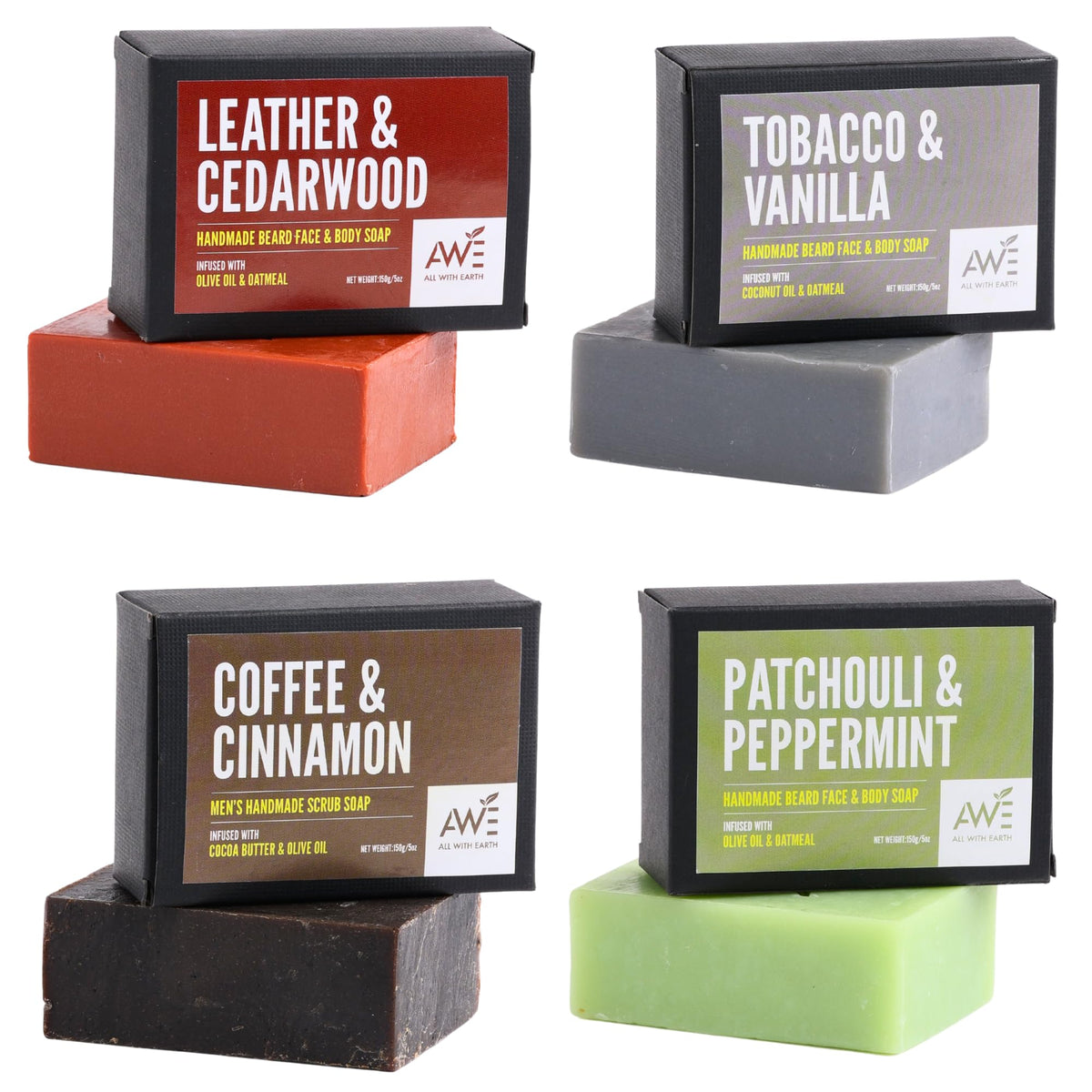 All With Earth Men’s Moisturizing Scrub Soap Set of 4 Handmade Natural Bars Rugged Masculine Scents Deep Cleanse Hydrate Nourish Face Beard Body (Option 2)
