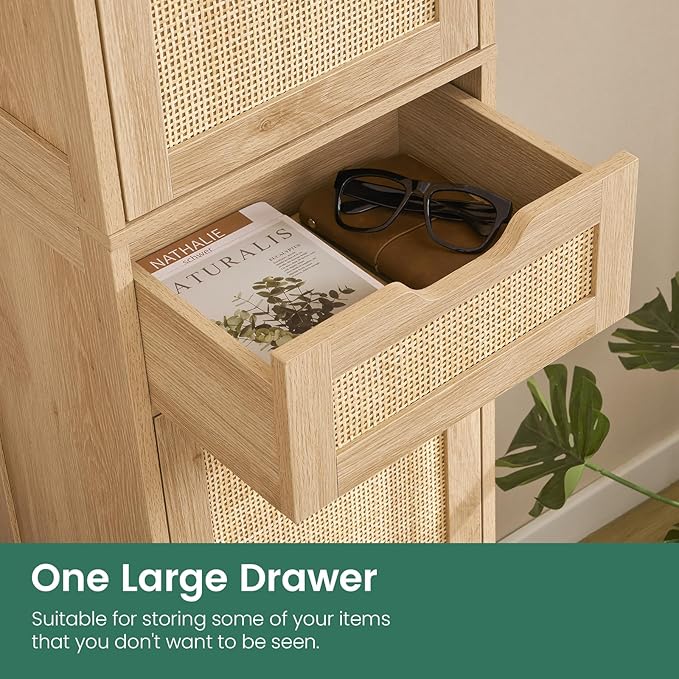 Iwell Tall Narrow Storage Cabinet with Doors, Rattan Cabinet with Adjustable Shelves, Freestanding Linen Storage for Living Room, Entryway, Kitchen, Bathroom, Natural