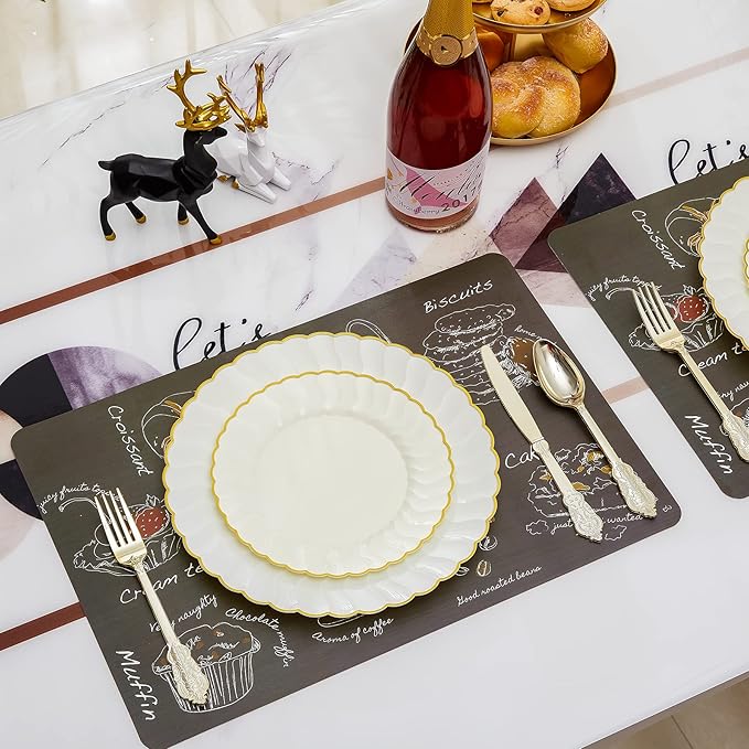 Lullaby 60PCS Ivory Scalloped Plastic Plates with Gold Rim, Disposable Elegant Plates Include 30pcs Dinner Plate 10.25", 30pcs Plastic Dessert Plate 7.5", Perfect for Wedding and Party
