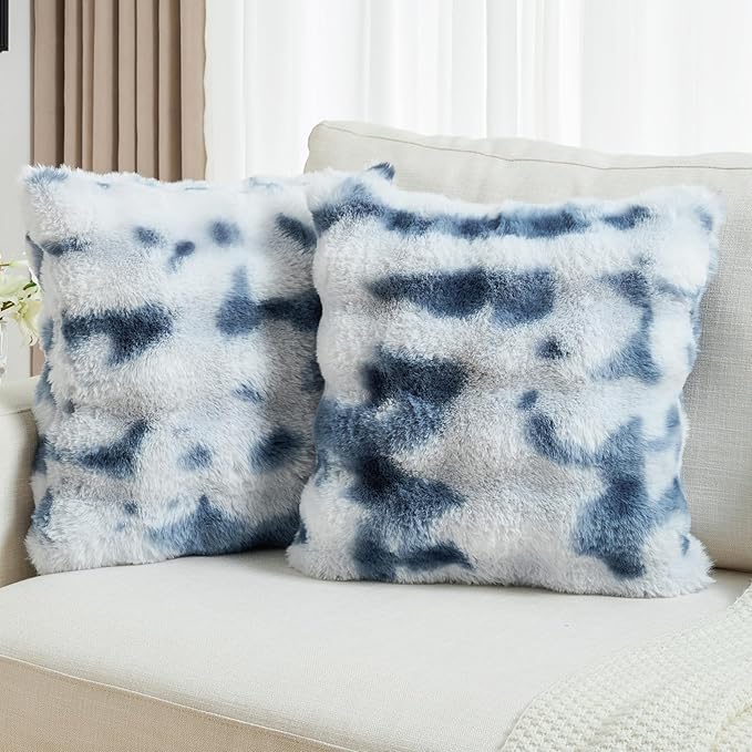 FUTEI Blue White Decorative Throw Pillow Covers 16x16 Inch Set of 2,Soft Fuzzy Faux Rabbit Fur Cushion Covers with Raised Texture,Neutral Boho Home Decor for Couch Bed Living Room