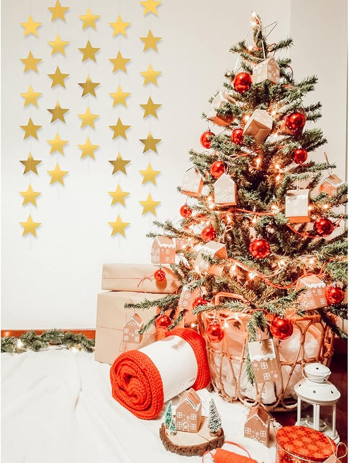 Yzurbu Gold Star Garland, 78 Feet Double Side Hanging Sparkly Paper Star Banner Decorations for Birthday Wedding Engagement Baby Shower Christmas Holiday Party