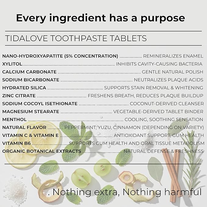 Cinnamon Fluoride-Free Toothpaste Tablets with Nano Hydroxyapatite | Natural Whitening, Enamel Strengthening, Plastic-Free & Travel-Friendly (1 Month Refill) 62 Tablets