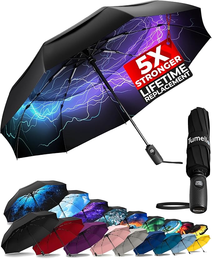 TUMELLA Strongest Windproof Travel Umbrella (Compact, Superior & Beautiful), Small Strong but Light Portable and Automatic Folding Rain Umbrella, Durable Premium Grip, Fits Car & Backpack