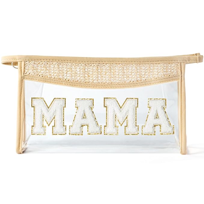 Mother's Day Cosmetic Bag - Summer Boho Patch MAMA Chenille Varsity Letter Makeup Bag Clear Waterproof Travel Toiletry Kit Zipper Clutch Daily Use Purse Gift for Mom Women Ladies Wife