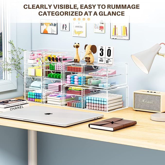 Makeup Organizer Storage with 16 Drawers, 4 Pcs Desktop Office Supplies, Desk Organizers, Clear Accessories, Dustproof Storage Drawer and for Make Up, Jewelry, Pen, Stationary