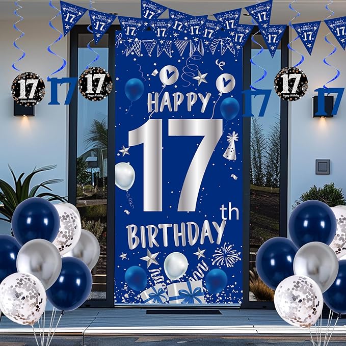 17th Birthday Decorations for Boys Girls, Blue Silver Happy 17th Birthday Party Decorations Supplies - 17th Birthday Backdrop Banner Tablecloth Triangle Flag Balloons for 17 Year Old Boy Party Decor