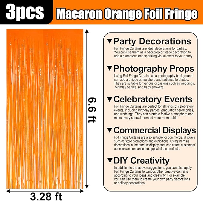 3 Pack Macaron Orange Foil Fringe Curtain Backdrop, 3.28Ft x 6.6Ft Metallic Tinsel Foil Fringe Streamer Curtains for Photo Booth, Christmas Day, Thanksgiving, Wedding, New Year Party Decorations