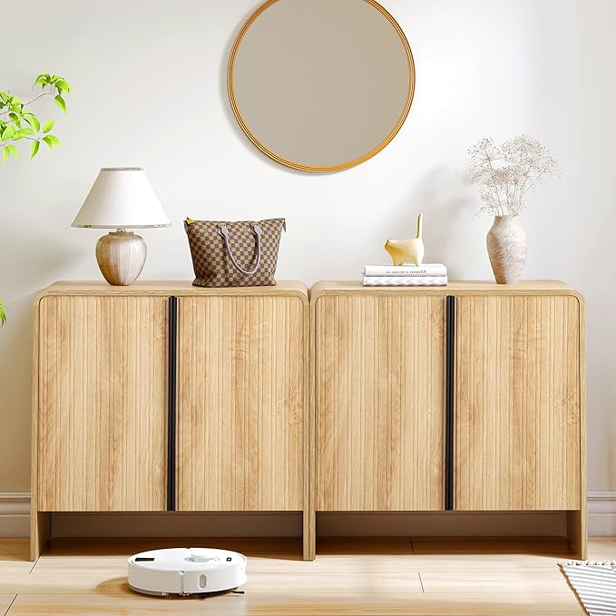 BERRYMERRY 2 Door Fluted Sideboard Buffet Cabinet with Storage, Modern Wood Cabinet with Adjustable Shelves for Living Room, Dining Room (Light Wood 6 Doors)