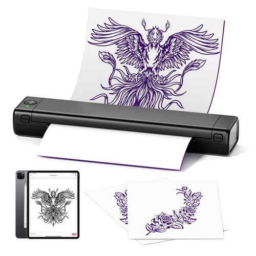 PokeLabel Wireless Tattoo Stencil Printer, Thermal Tattoo Printer Machine with 10Pcs Transfer Paper, Tattoo Printer for Skin Compatible with iPad Smartphone PC, Tattoo Transfer Printer